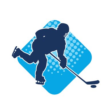 Hareketli bir buz hokeyi atletinin silueti. Buz hokeyi oynayan bir adamın silueti..