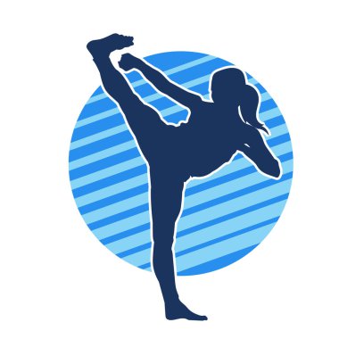 Dövüş sanatları tekmesi pozu veren bir kadının silueti. Dövüş sanatlarındaki bir kadının silueti tekme atma pozu veriyor..