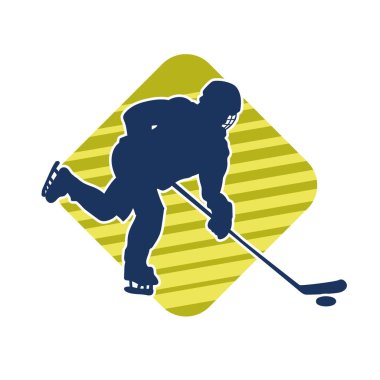 Hareketli bir buz hokeyi atletinin silueti. Buz hokeyi oynayan bir adamın silueti..