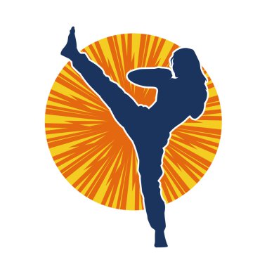 Dövüş sanatları tekmesi pozu veren bir kadının silueti. Dövüş sanatlarındaki bir kadının silueti tekme atma pozu veriyor..