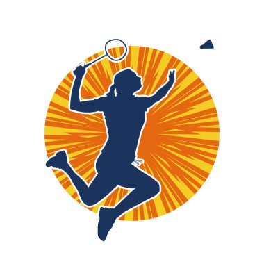Badminton sporu yapan zayıf bir bayan sporcunun silueti. Bir kadın badminton oyuncusunun silueti..