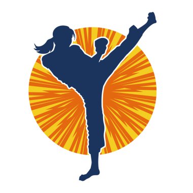 Dövüş sanatları tekmesi pozu veren bir kadının silueti. Dövüş sanatlarındaki bir kadının silueti tekme atma pozu veriyor..