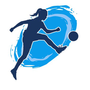 Topa vuran bayan futbolcunun silueti. Hareketli bir futbolcu kadının silueti..