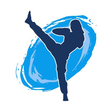 Dövüş sanatları tekmesi pozu veren bir kadının silueti. Dövüş sanatlarındaki bir kadının silueti tekme atma pozu veriyor..