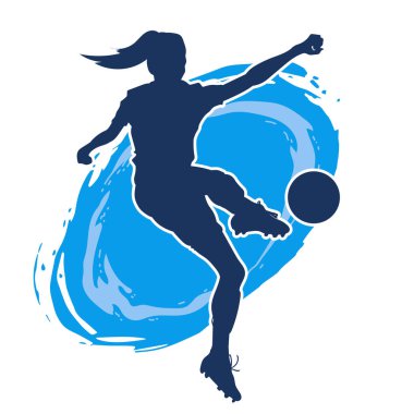 Topa vuran bayan futbolcunun silueti. Hareketli bir futbolcu kadının silueti..