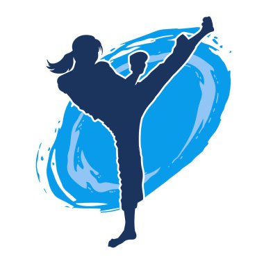 Dövüş sanatları tekmesi pozu veren bir kadının silueti. Dövüş sanatlarındaki bir kadının silueti tekme atma pozu veriyor..