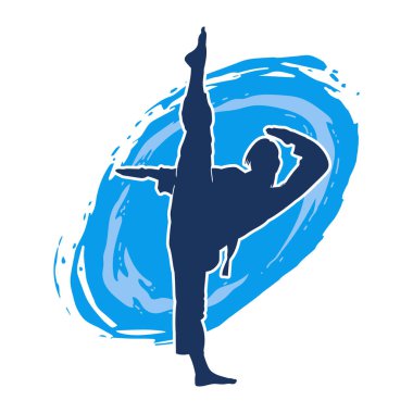 Dövüş sanatları tekmesi pozu veren bir kadının silueti. Dövüş sanatlarındaki bir kadının silueti tekme atma pozu veriyor..