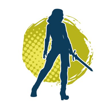 Bir kadın savaşçının silueti kılıcıyla hareket halindeyken poz veriyor. Bir kadın dövüşçünün silueti keskin bir bıçakla poz veriyor..