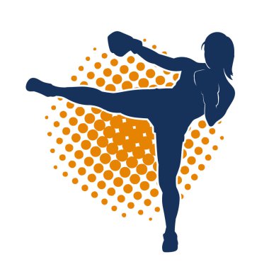 Hareketli kadın kickboksör atletinin silueti. Tekme atan bir kadının silueti..