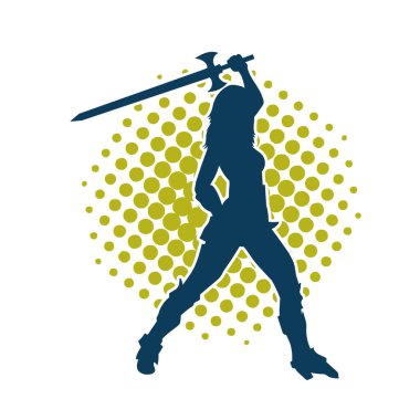 Bir kadın savaşçının silueti kılıcıyla hareket halindeyken poz veriyor. Bir kadın dövüşçünün silueti keskin bir bıçakla poz veriyor..