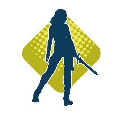 Bir kadın savaşçının silueti kılıcıyla hareket halindeyken poz veriyor. Bir kadın dövüşçünün silueti keskin bir bıçakla poz veriyor..