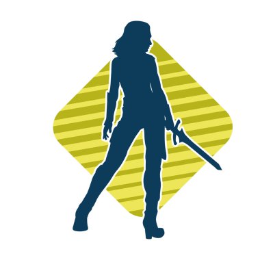 Bir kadın savaşçının silueti kılıcıyla hareket halindeyken poz veriyor. Bir kadın dövüşçünün silueti keskin bir bıçakla poz veriyor..