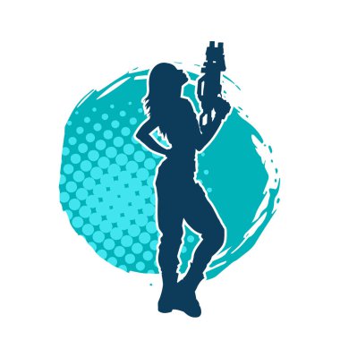 Sıska bir kadın savaşçının silueti makineli tüfekle poz veriyor.