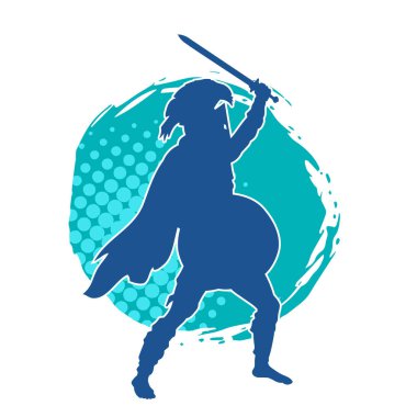 Savaş zırhı giymiş bir erkek savaşçının silueti. Kılıç ile poz veriyor..