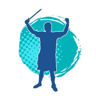 Savaş zırhı giymiş bir erkek savaşçının silueti. Kılıç ile poz veriyor..