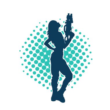 Sıska bir kadın savaşçının silueti makineli tüfekle poz veriyor.