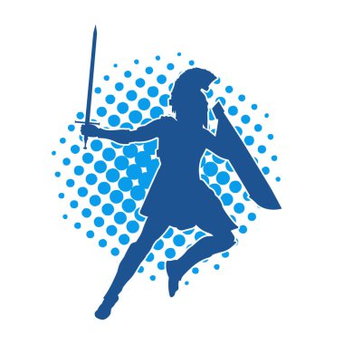 Savaş zırhı giymiş bir erkek savaşçının silueti. Kılıç ile poz veriyor..