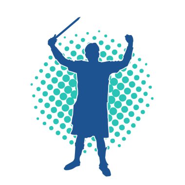 Savaş zırhı giymiş bir erkek savaşçının silueti. Kılıç ile poz veriyor..