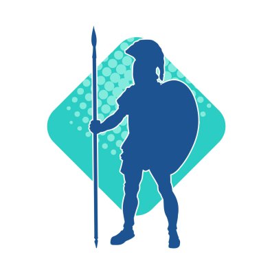 Mızrak ve demir kalkan taşıyan şövalye kostümlü bir erkek silueti. Zırhlı bir dövüşçünün silueti hareket halinde..