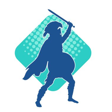 Savaş zırhı giymiş bir erkek savaşçının silueti. Kılıç ile poz veriyor..