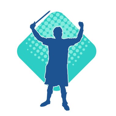 Savaş zırhı giymiş bir erkek savaşçının silueti. Kılıç ile poz veriyor..