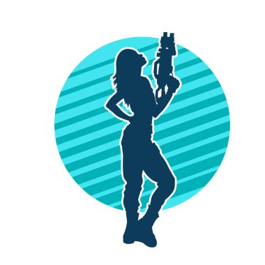 Sıska bir kadın savaşçının silueti makineli tüfekle poz veriyor.