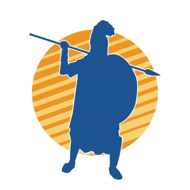 Mızrak ve demir kalkan taşıyan şövalye kostümlü bir erkek silueti. Zırhlı bir dövüşçünün silueti hareket halinde..