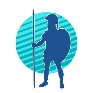 Mızrak ve demir kalkan taşıyan şövalye kostümlü bir erkek silueti. Zırhlı bir dövüşçünün silueti hareket halinde..