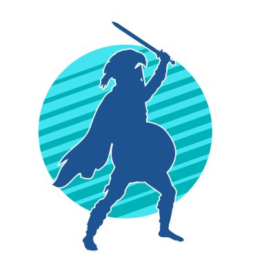 Savaş zırhı giymiş bir erkek savaşçının silueti. Kılıç ile poz veriyor..