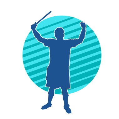 Savaş zırhı giymiş bir erkek savaşçının silueti. Kılıç ile poz veriyor..