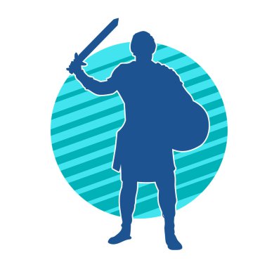 Savaş zırhı giymiş bir erkek savaşçının silueti. Kılıç ile poz veriyor..