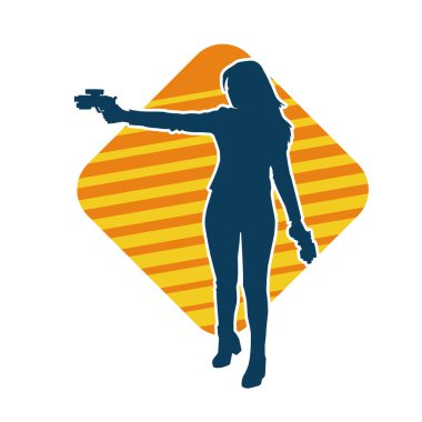 Sıska bir kadın savaşçının silueti makineli tüfekle poz veriyor.