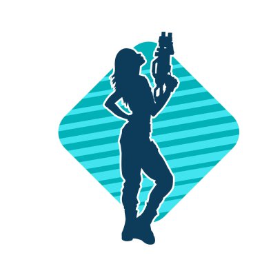 Sıska bir kadın savaşçının silueti makineli tüfekle poz veriyor.