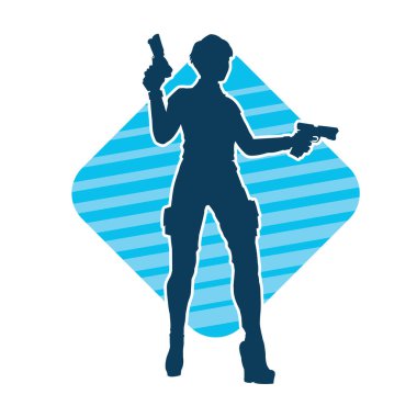 Sıska bir kadın savaşçının silueti makineli tüfekle poz veriyor.