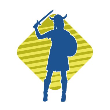 Viking kaskı takan ve kılıç taşıyan bir kadın savaşçının silueti.