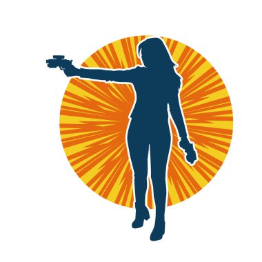 Sıska bir kadın savaşçının silueti makineli tüfekle poz veriyor.