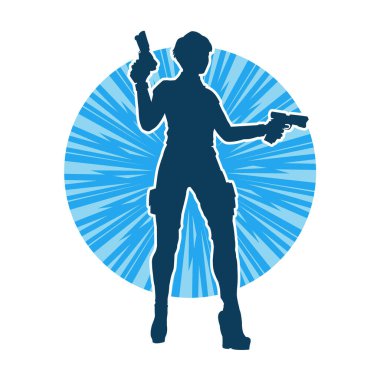 Sıska bir kadın savaşçının silueti makineli tüfekle poz veriyor.