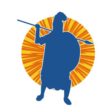 Mızrak ve demir kalkan taşıyan şövalye kostümlü bir erkek silueti. Zırhlı bir dövüşçünün silueti hareket halinde..