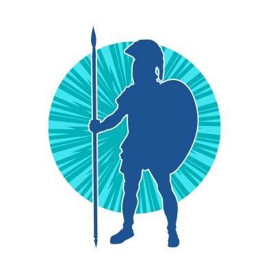 Mızrak ve demir kalkan taşıyan şövalye kostümlü bir erkek silueti. Zırhlı bir dövüşçünün silueti hareket halinde..