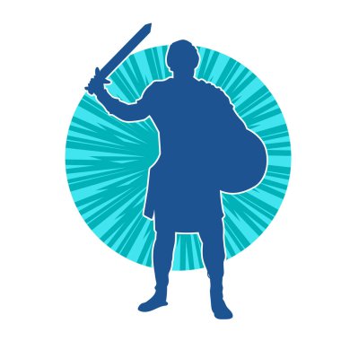 Savaş zırhı giymiş bir erkek savaşçının silueti. Kılıç ile poz veriyor..