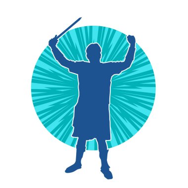 Savaş zırhı giymiş bir erkek savaşçının silueti. Kılıç ile poz veriyor..