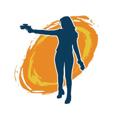 Sıska bir kadın savaşçının silueti makineli tüfekle poz veriyor.