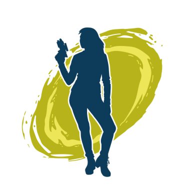 Sıska bir kadın savaşçının silueti makineli tüfekle poz veriyor.