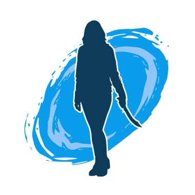 Bir kadın dövüşçünün silueti kılıç taşırken poz veriyor.