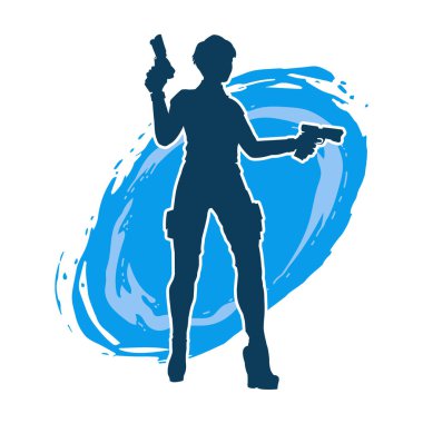 Sıska bir kadın savaşçının silueti makineli tüfekle poz veriyor.