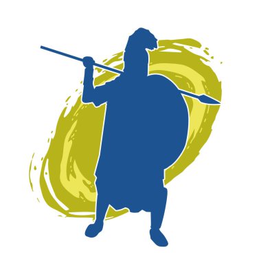 Mızrak ve demir kalkan taşıyan şövalye kostümlü bir erkek silueti. Zırhlı bir dövüşçünün silueti hareket halinde..