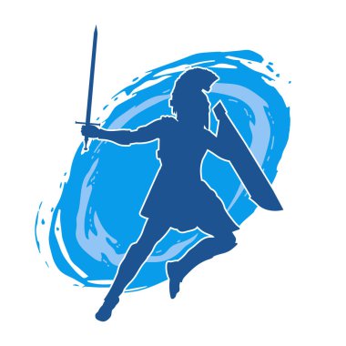 Savaş zırhı giymiş bir erkek savaşçının silueti. Kılıç ile poz veriyor..