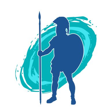 Mızrak ve demir kalkan taşıyan şövalye kostümlü bir erkek silueti. Zırhlı bir dövüşçünün silueti hareket halinde..