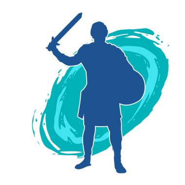 Savaş zırhı giymiş bir erkek savaşçının silueti. Kılıç ile poz veriyor..