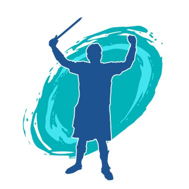 Savaş zırhı giymiş bir erkek savaşçının silueti. Kılıç ile poz veriyor..